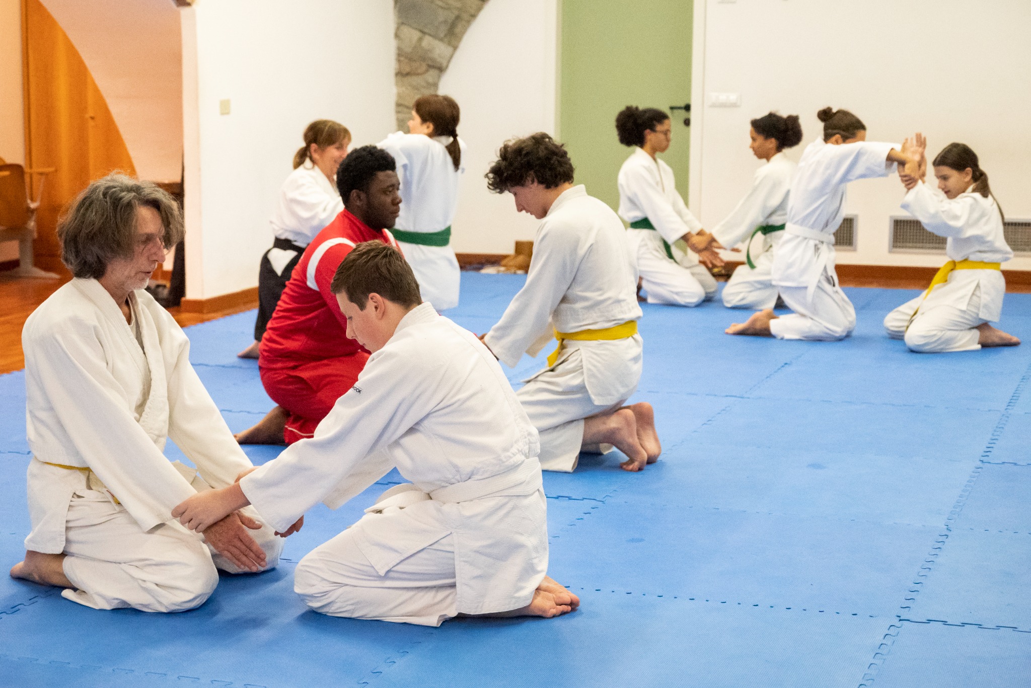 Una lezione di Aikidō con diverse coppie che praticano in ginocchio